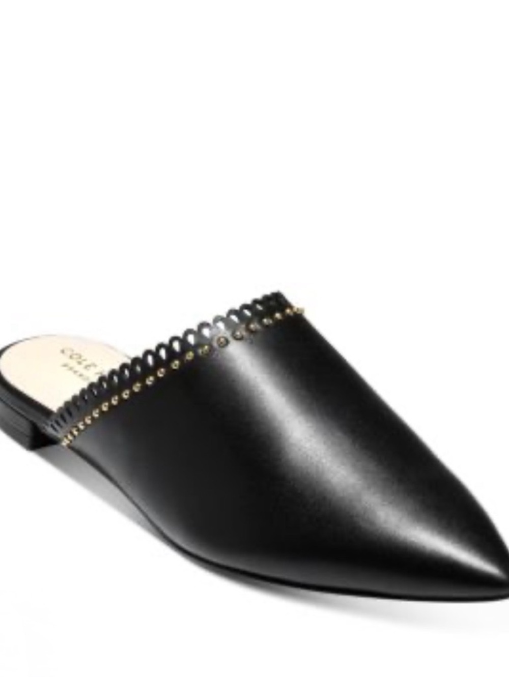 Cole Haan Women’s Raelyn studded Black Leather Pointed slide/mule Scalloped Trim